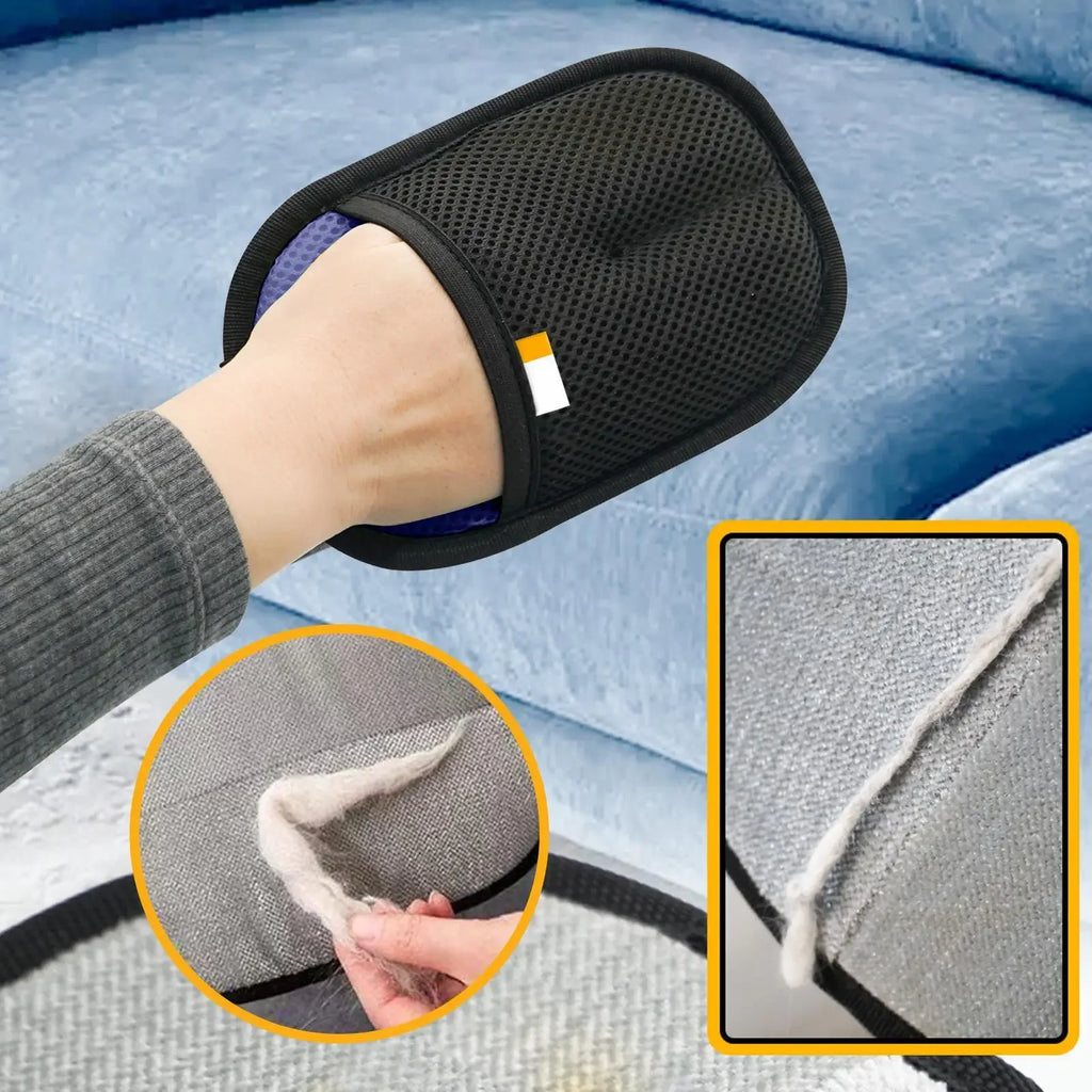 Removing pet hair from a couch with the glove