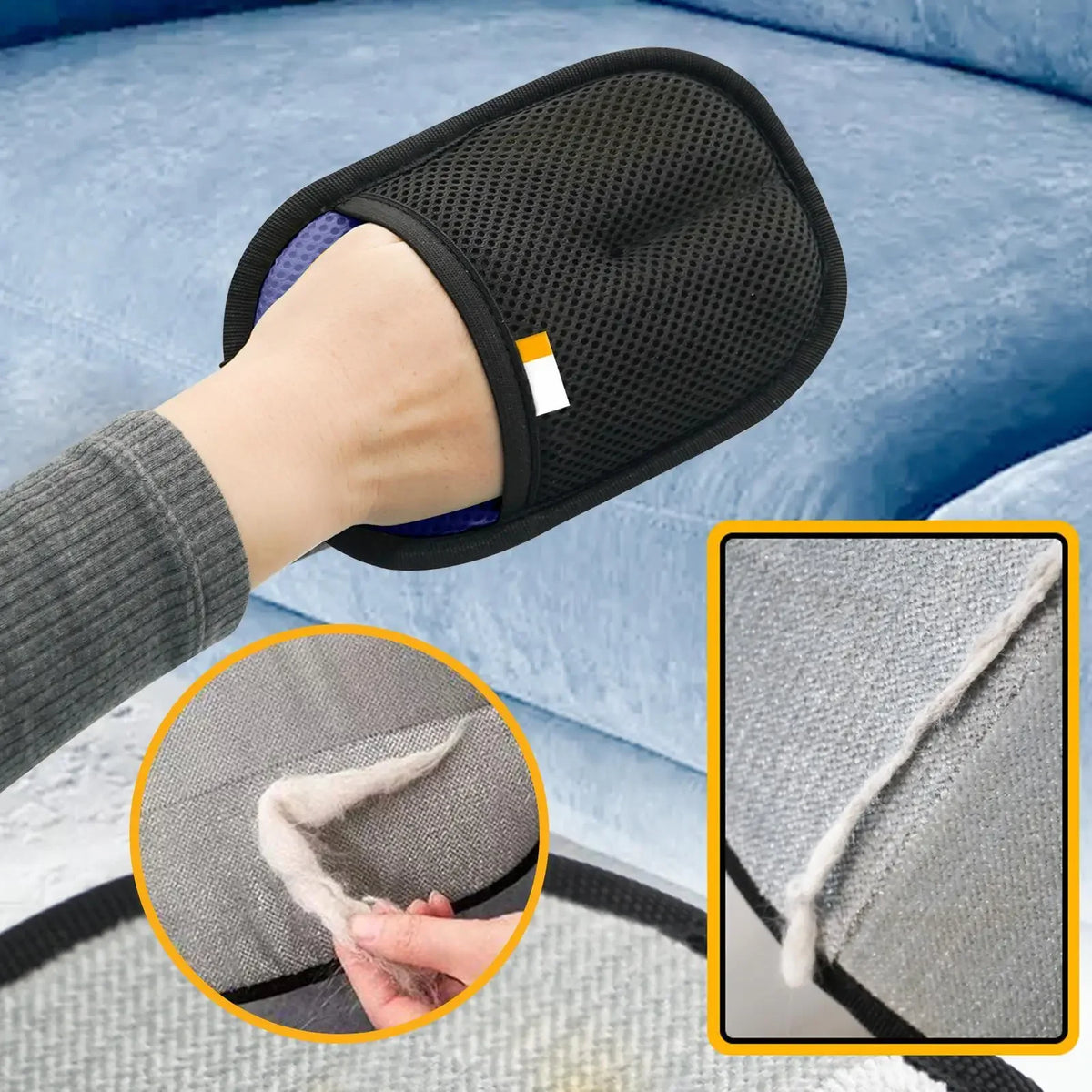 Removing pet hair from a couch with the glove
